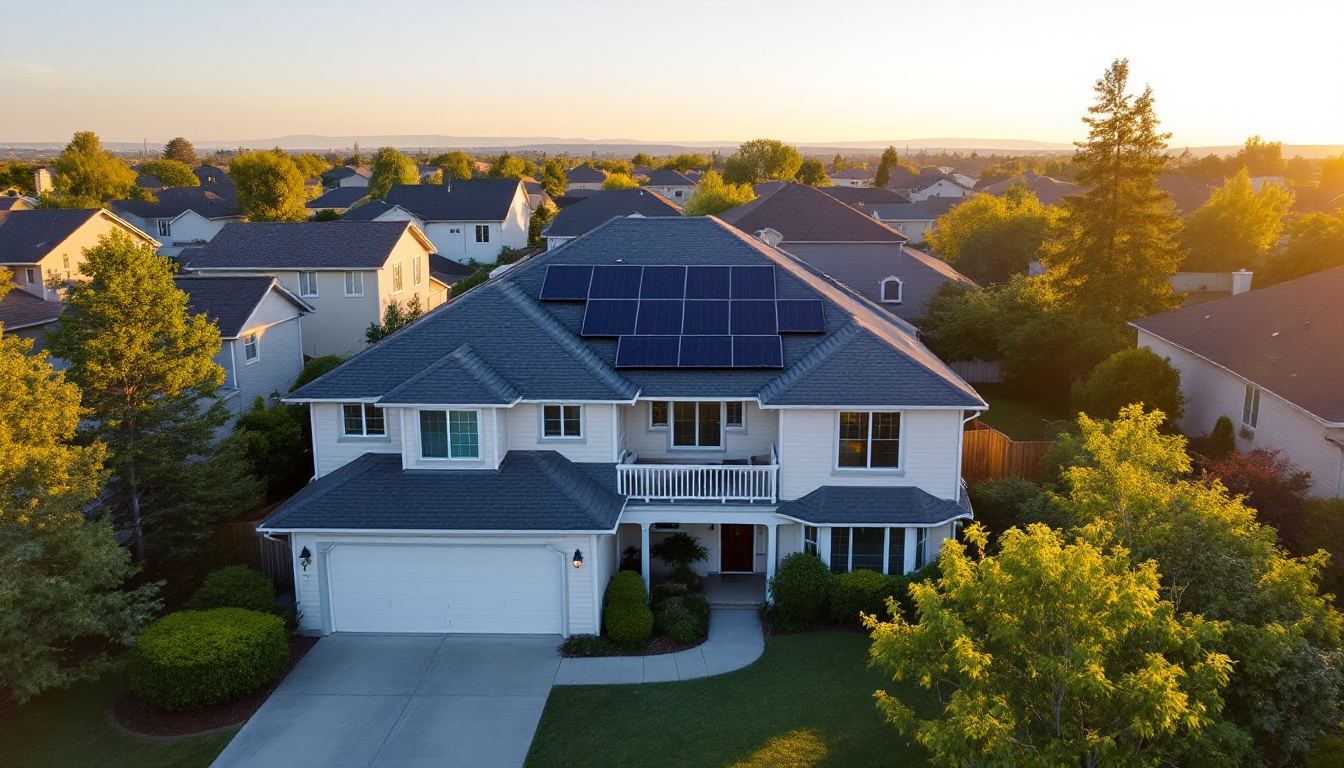 Suburban home with solar panels
